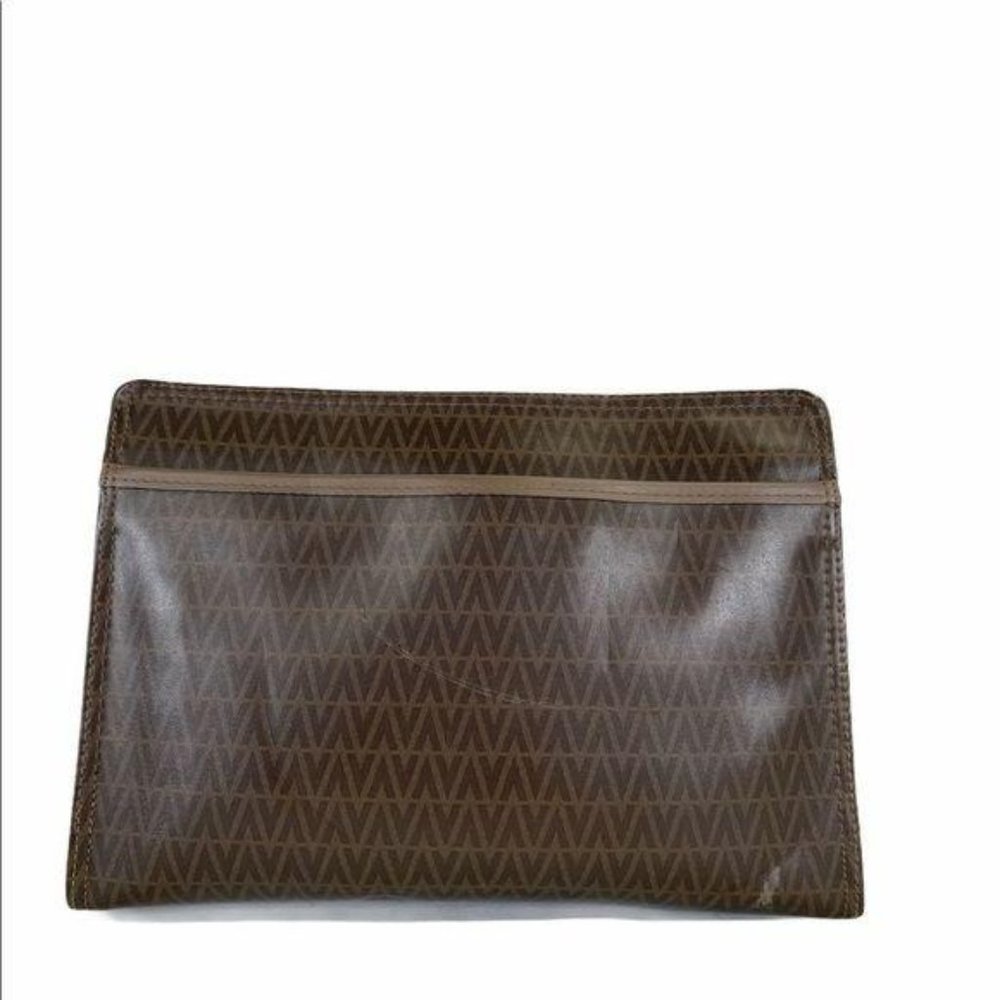 Authentic Mario Valentino Clutch Bag Pouch Cometic Brown PVC Used Handbag Vin - Picture 5 of 11